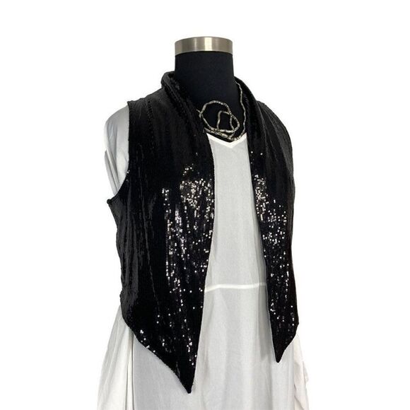 Katherine Barclay L Black Cropped Sequin Vest Open Waistcoat Costume Waiter - Picture 1 of 7